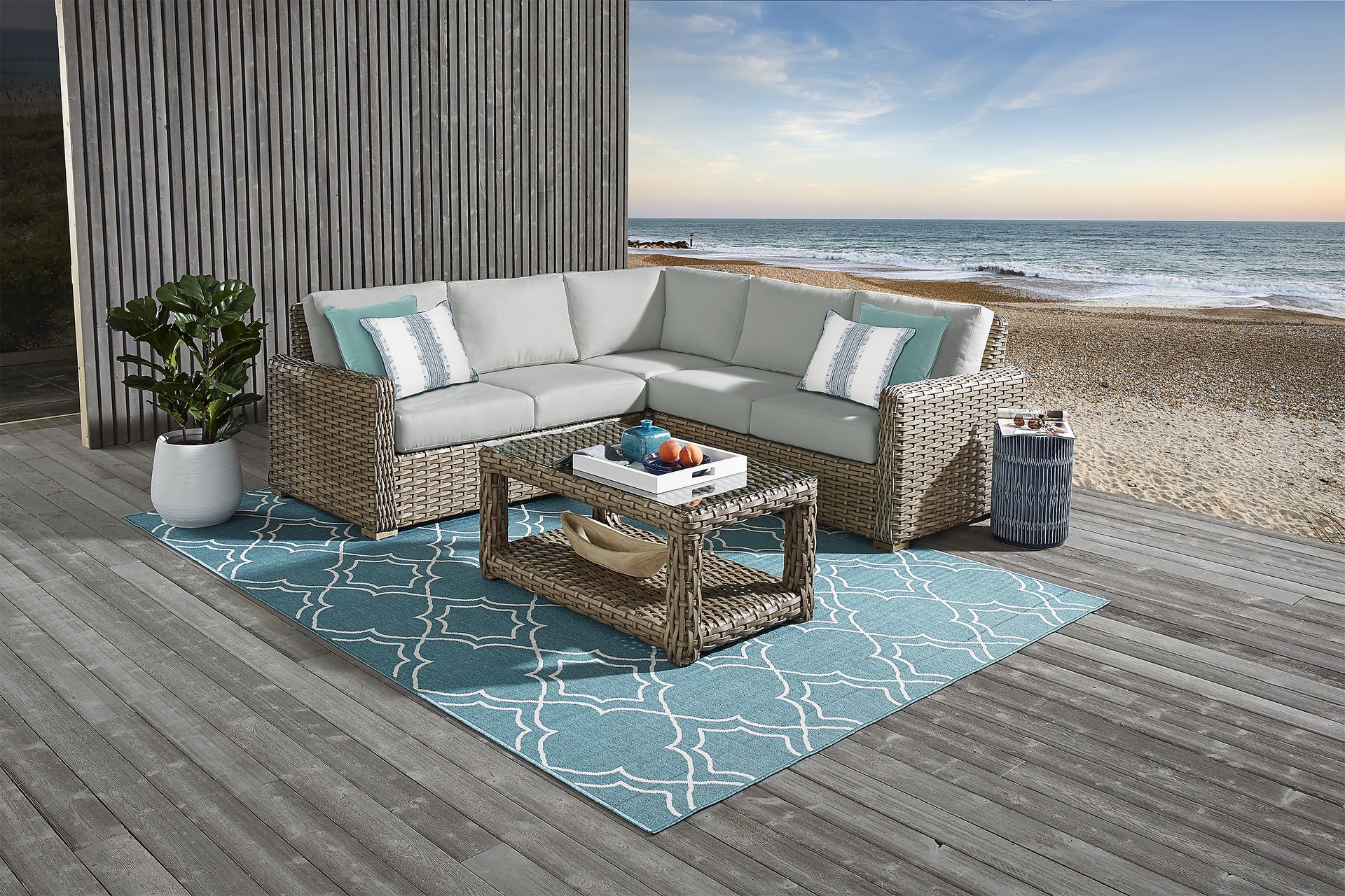 Siesta Key Driftwood 3 Pc Outdoor Sectional with Rollo Seafoam Cushions - Image 2