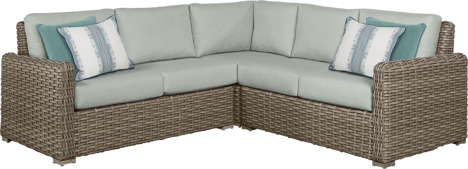Siesta Key Driftwood 3 Pc Outdoor Sectional with Rollo Seafoam Cushions - Image 1