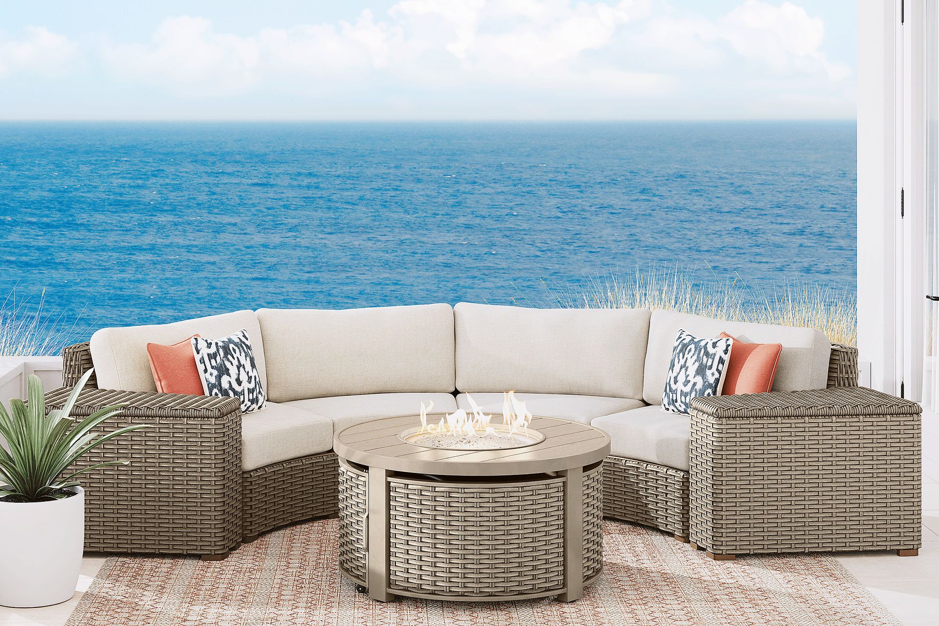 Siesta Key Driftwood 4 Pc Outdoor Curved Sectional with Desert Cushions - Image 2