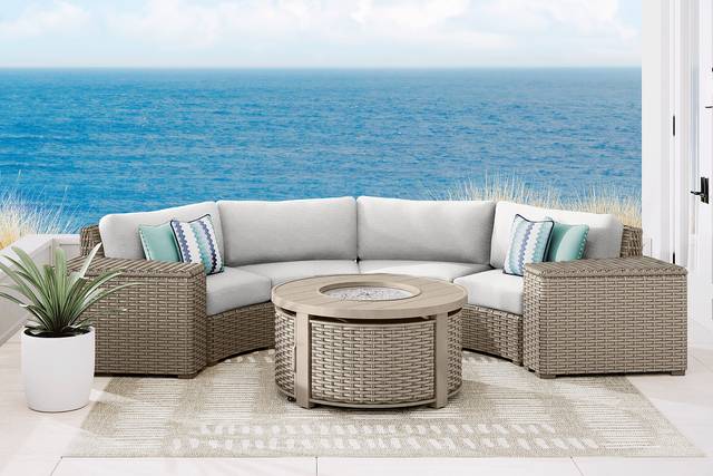 Siesta Key Driftwood 4 Pc Outdoor Curved Sectional with Dove Cushions - Thumbnail - Image 1