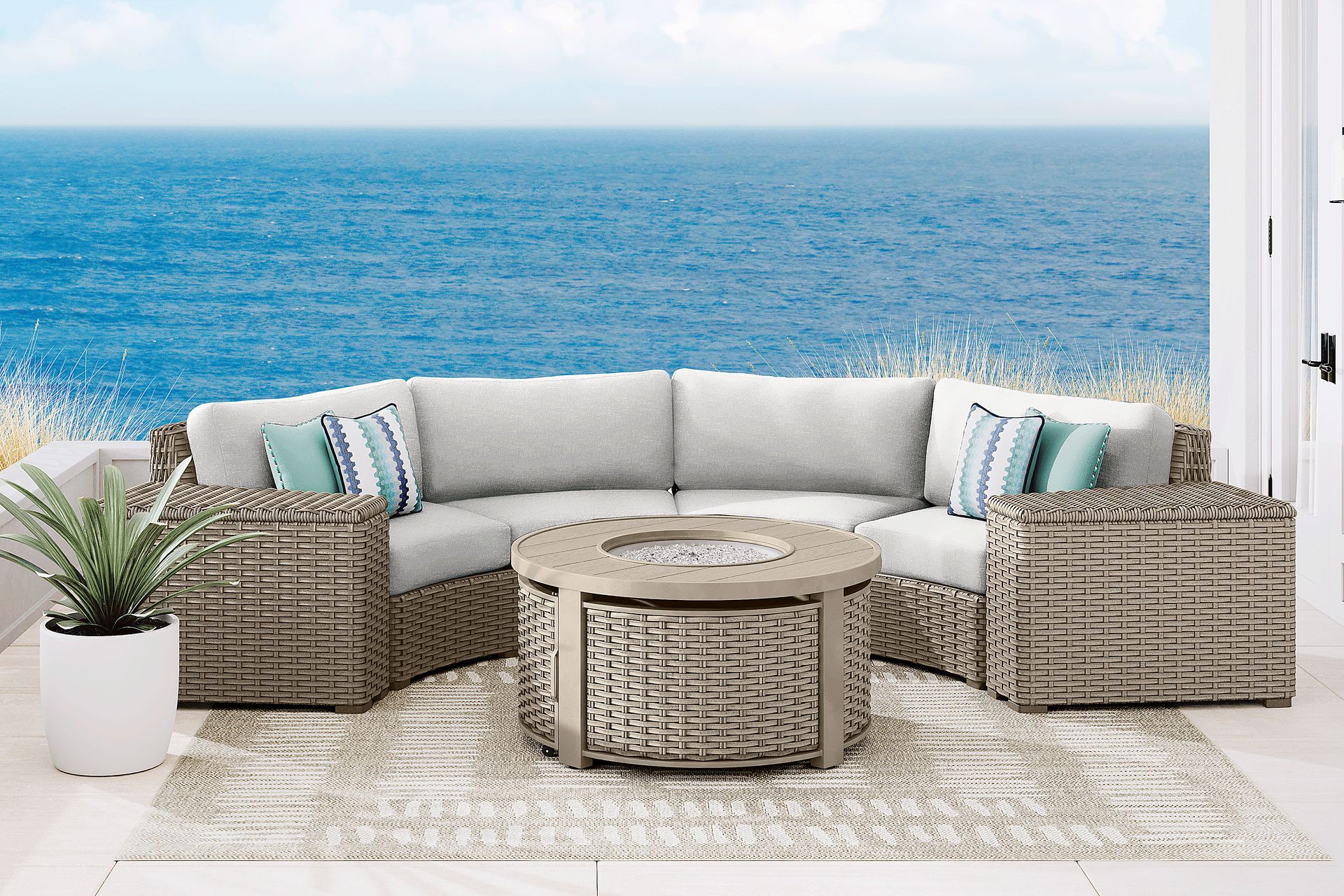 Siesta Key Driftwood 4 Pc Outdoor Curved Sectional with Dove Cushions - Image 1