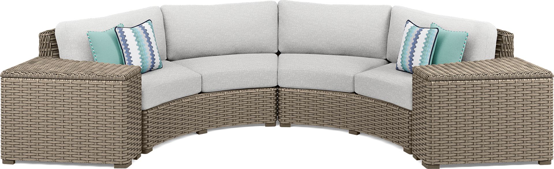 Siesta Key Driftwood 4 Pc Outdoor Curved Sectional with Dove Cushions - Image 1