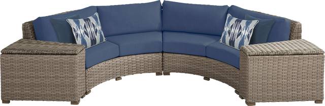 Siesta Key Driftwood 4 Pc Outdoor Curved Sectional with Indigo Cushions - Thumbnail - Image 1