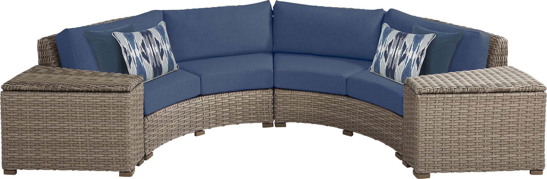Siesta Key Driftwood 4 Pc Outdoor Curved Sectional with Indigo Cushions - Image 1