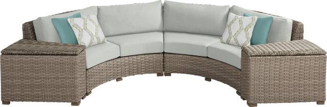 Siesta Key Driftwood 4 Pc Outdoor Curved Sectional with Rollo Seafoam Cushions - Thumbnail - Image 1