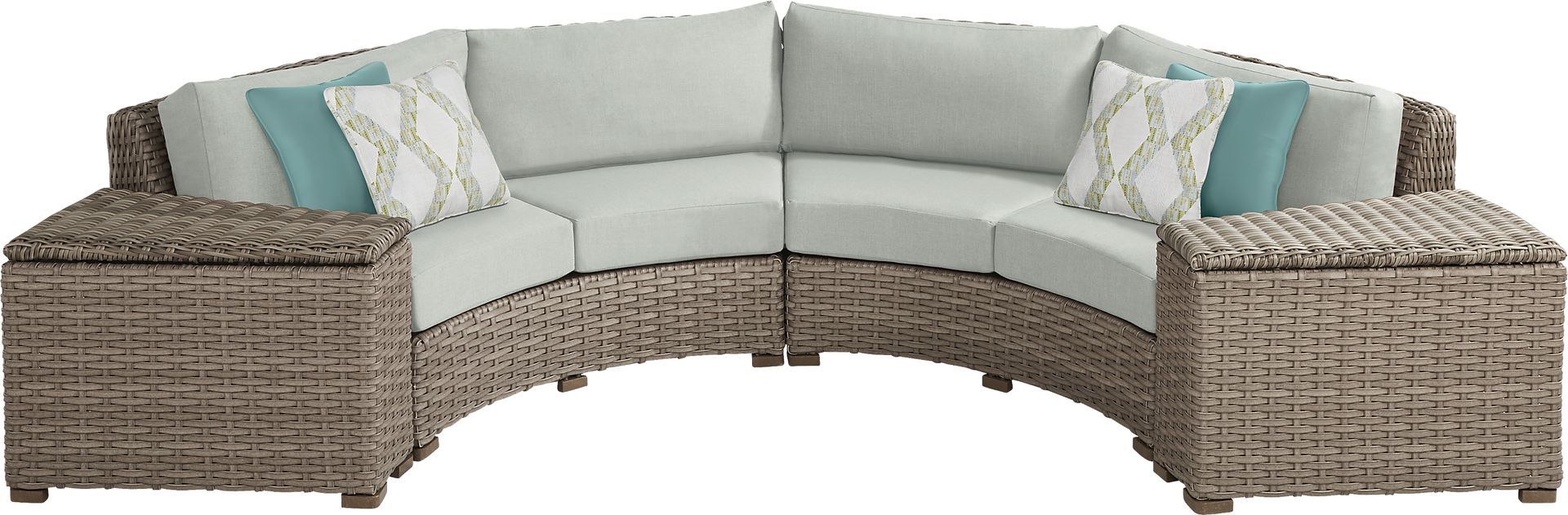 Siesta Key Driftwood 4 Pc Outdoor Curved Sectional with Rollo Seafoam Cushions - Image 1