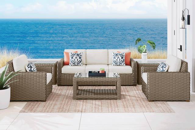 Siesta Key Driftwood 4 Pc Outdoor Seating Set with Desert Cushions - Thumbnail - Image 1