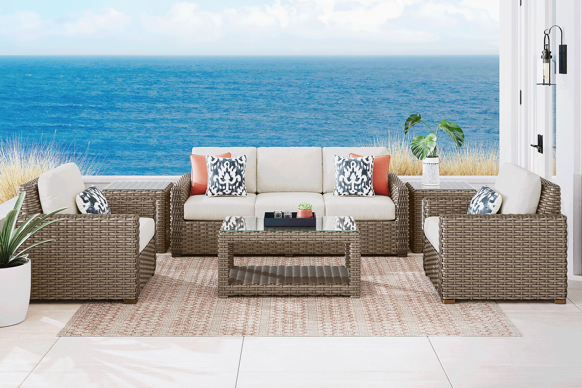Siesta Key Driftwood 4 Pc Outdoor Seating Set with Desert Cushions - Image 1