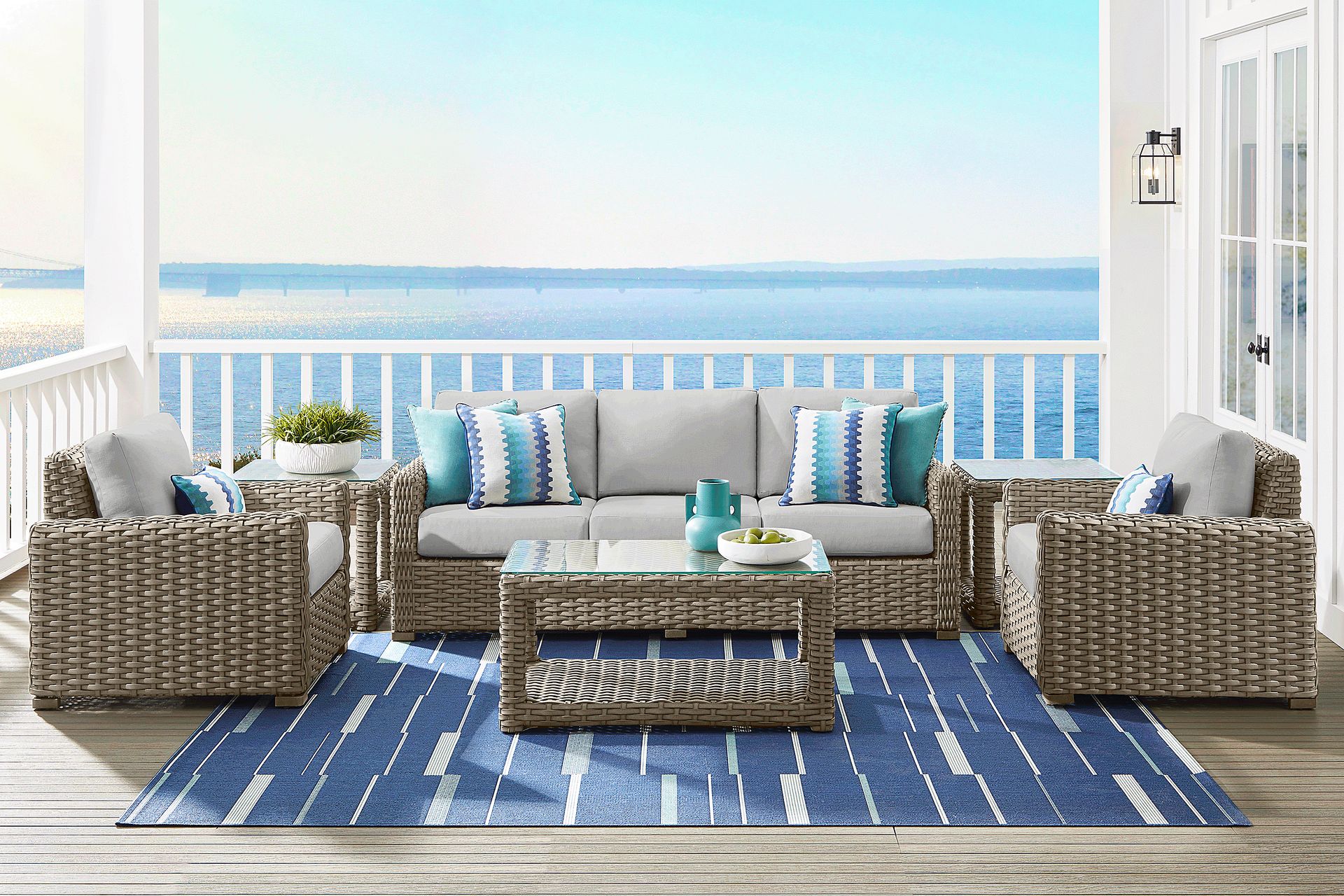 Siesta Key Driftwood 4 Pc Outdoor Seating Set with Dove Cushions - Image 1
