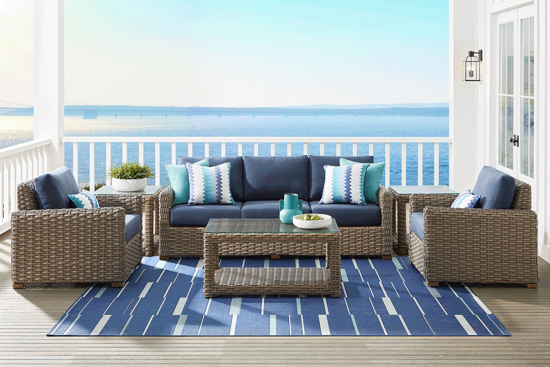 Siesta Key Driftwood 4 Pc Outdoor Seating Set with Indigo Cushions - Image 1