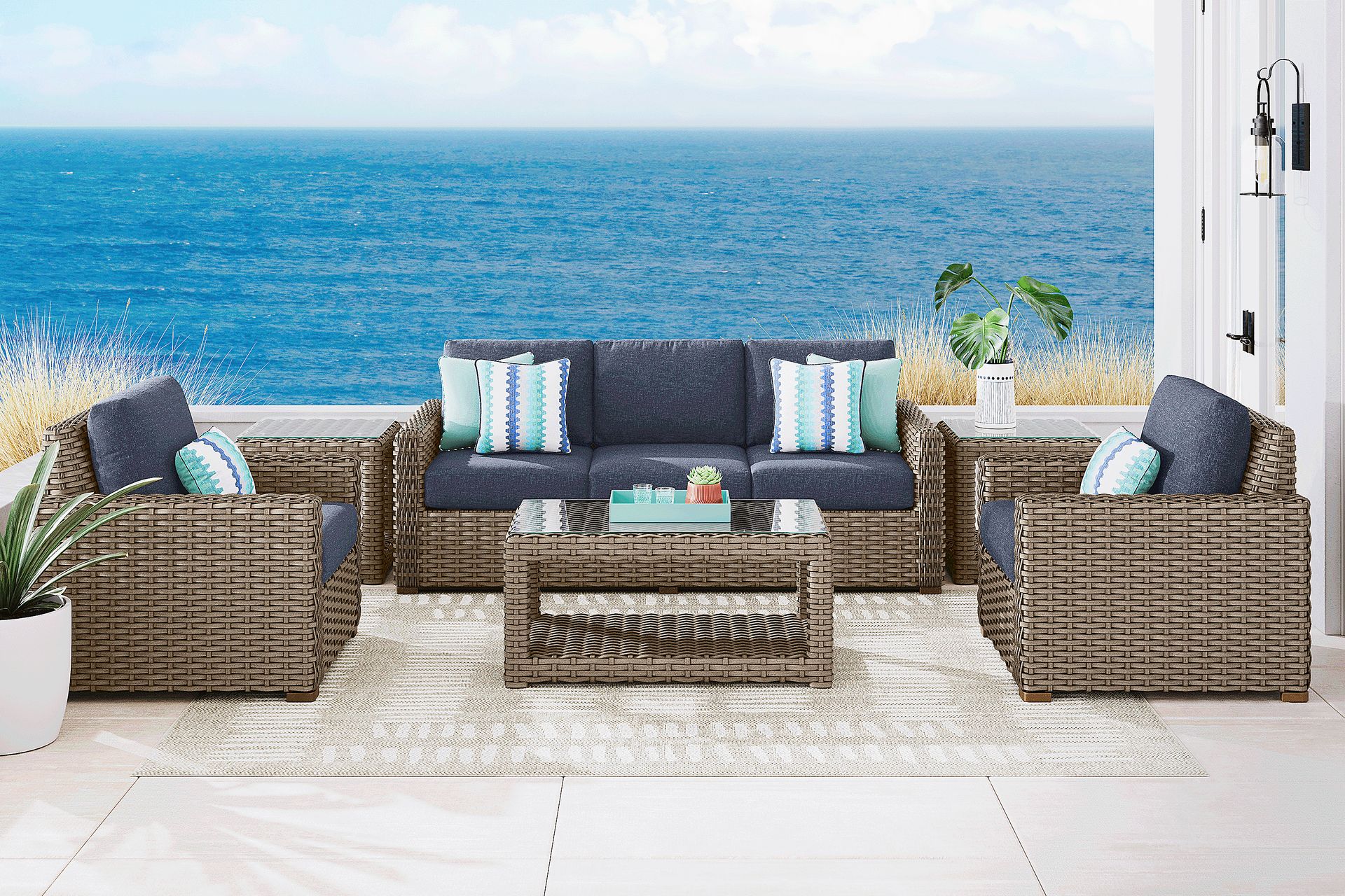 Siesta Key Driftwood 4 Pc Outdoor Seating Set with Ink Cushions - Image 1