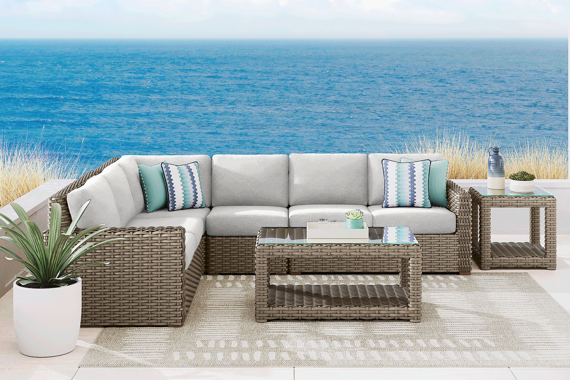 Siesta Key Driftwood 4 Pc Outdoor Sectional with Dove Cushions - Image 2
