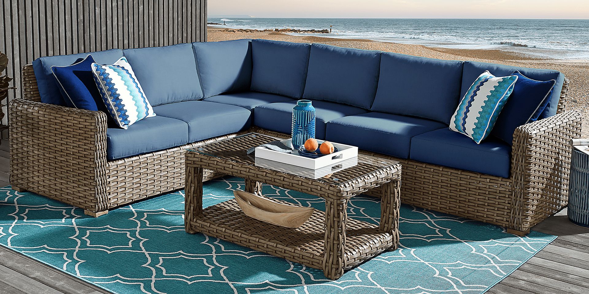 Siesta Key Driftwood 4 Pc Outdoor Sectional with Indigo Cushions - Image 2