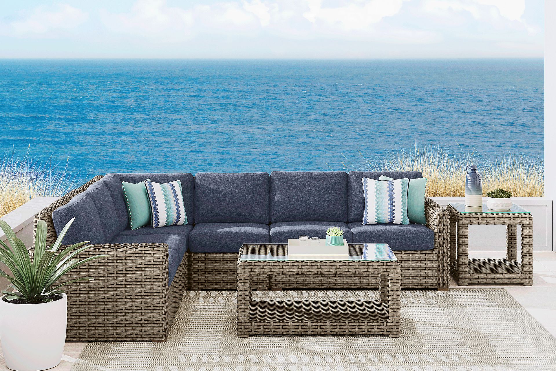 Siesta Key Driftwood 4 Pc Outdoor Sectional with Ink Cushions - Image 2