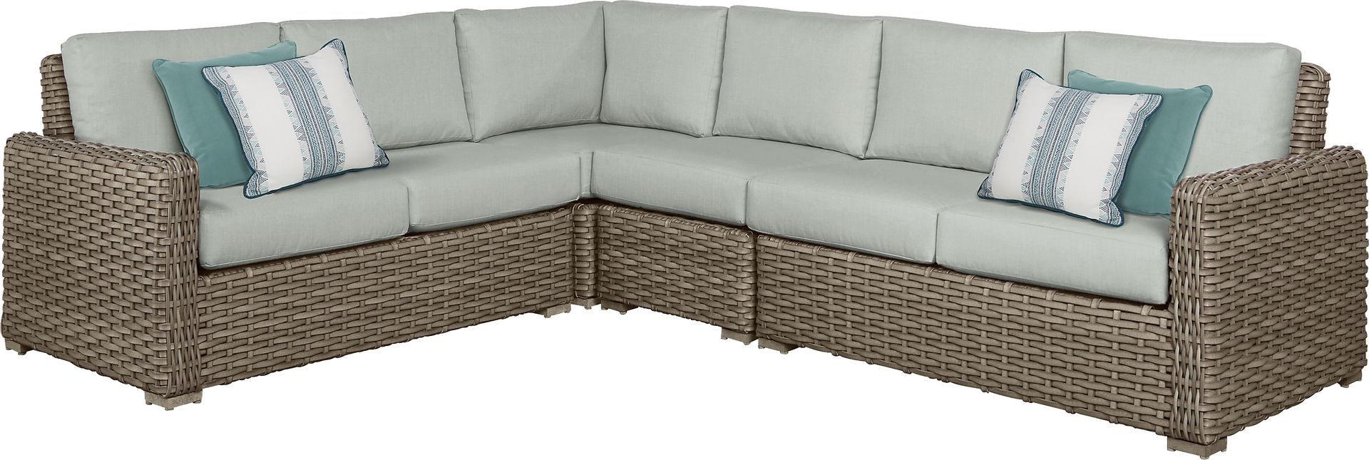 Siesta Key Driftwood 4 Pc Outdoor Sectional with Rollo Seafoam Cushions - Image 1