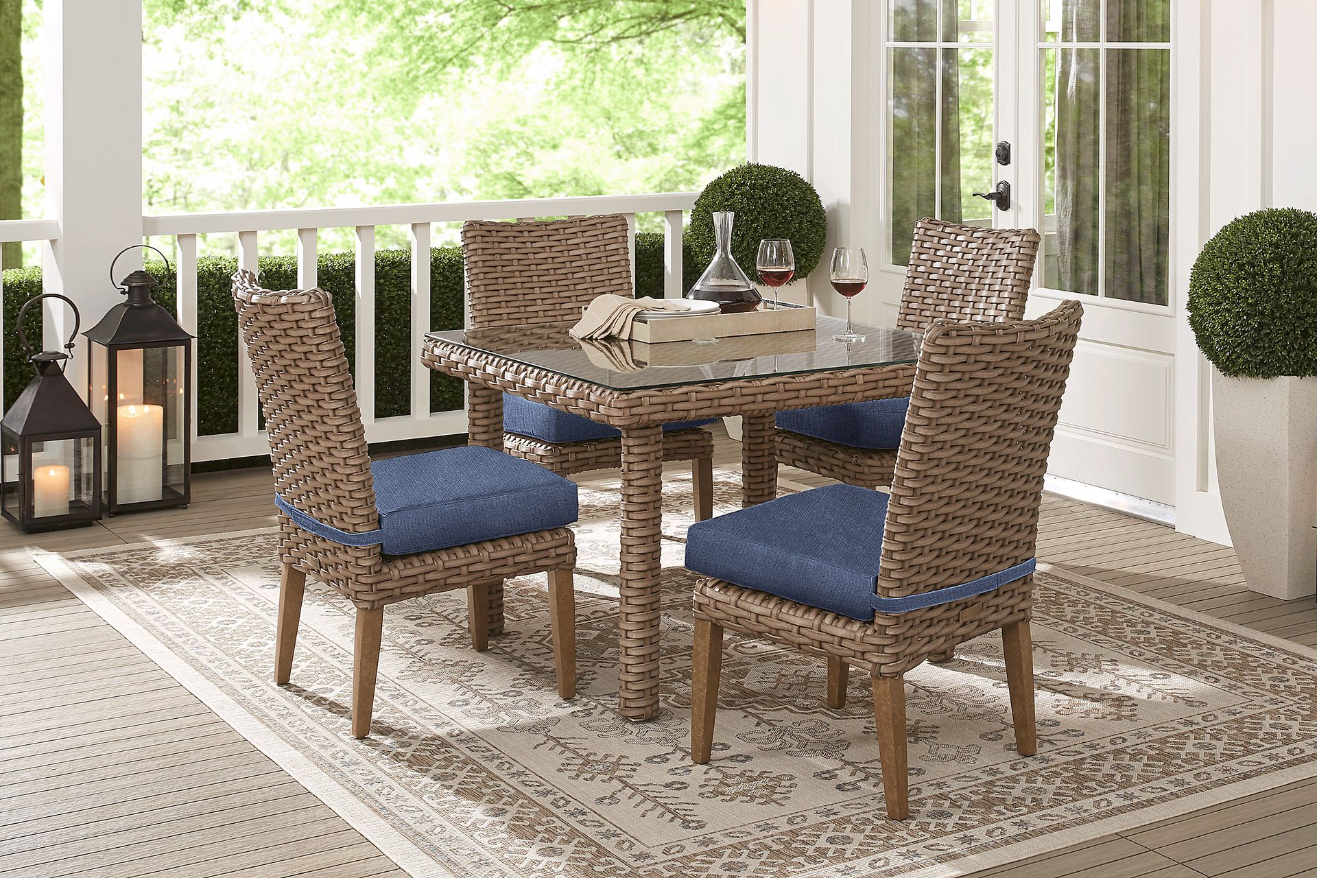 Siesta Key Driftwood 5 Pc 42 in. Square Outdoor Dining Set with Indigo Cushions - Image 1