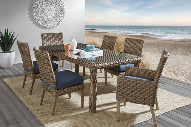 Siesta Key Driftwood 5 Pc 72 in. Rectangle Outdoor Dining Set with Indigo Cushions - Thumbnail - Image 1