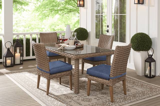 Siesta Key Driftwood 5 Pc 72 in. Rectangle Outdoor Dining Set with Indigo Cushions - Thumbnail - Image 1