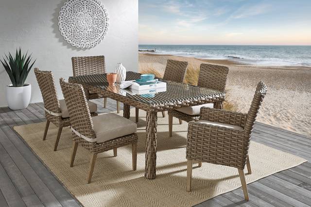 Siesta Key Driftwood 5 Pc 72 in. Rectangle Outdoor Dining Set with Seafoam Cushions - Thumbnail - Image 1