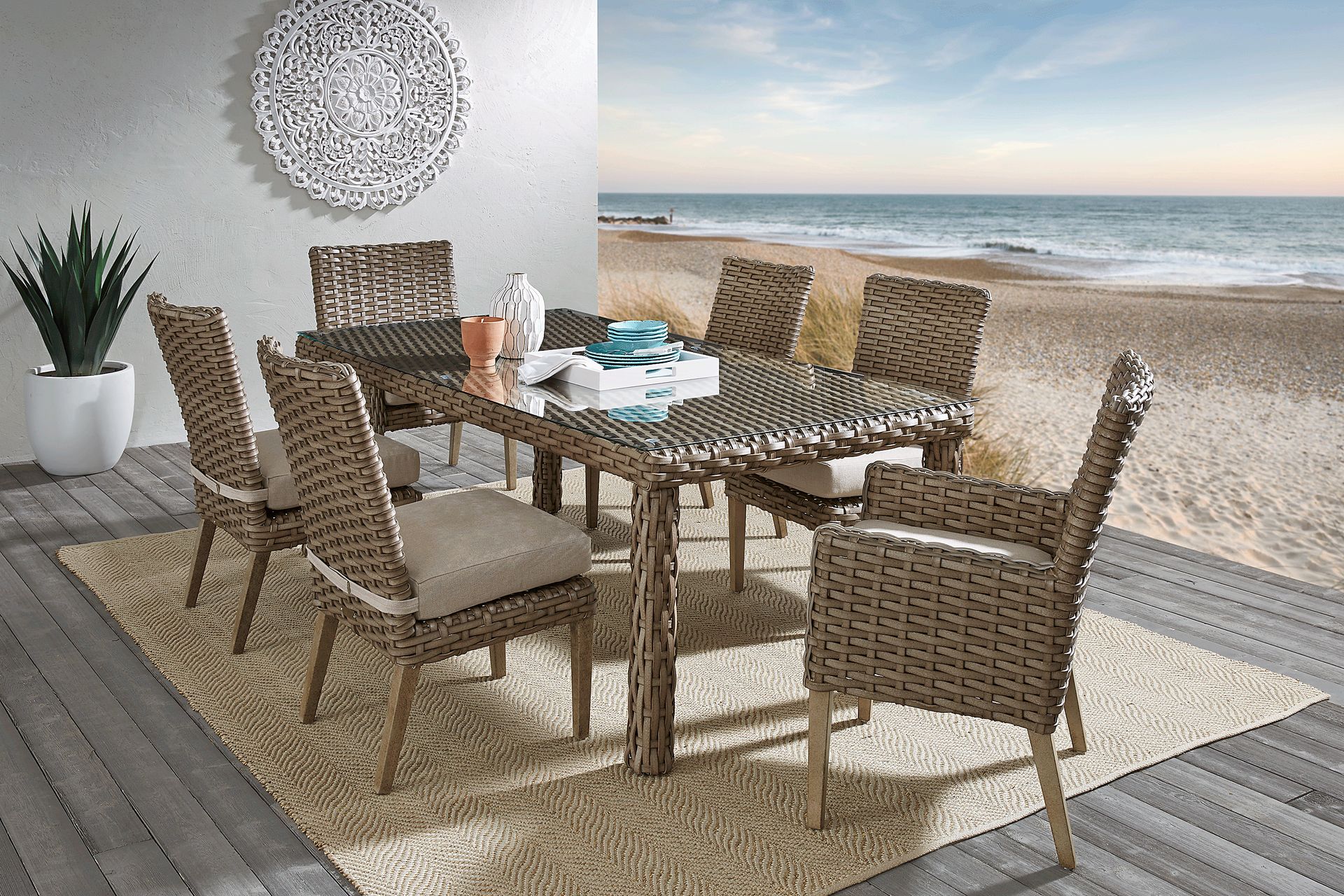 Siesta Key Driftwood 5 Pc 72 in. Rectangle Outdoor Dining Set with Seafoam Cushions - Image 1
