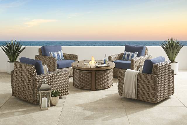 Siesta Key Driftwood 5 Pc Outdoor Fire Pit Seating Set with Indigo Cushions - Thumbnail - Image 1