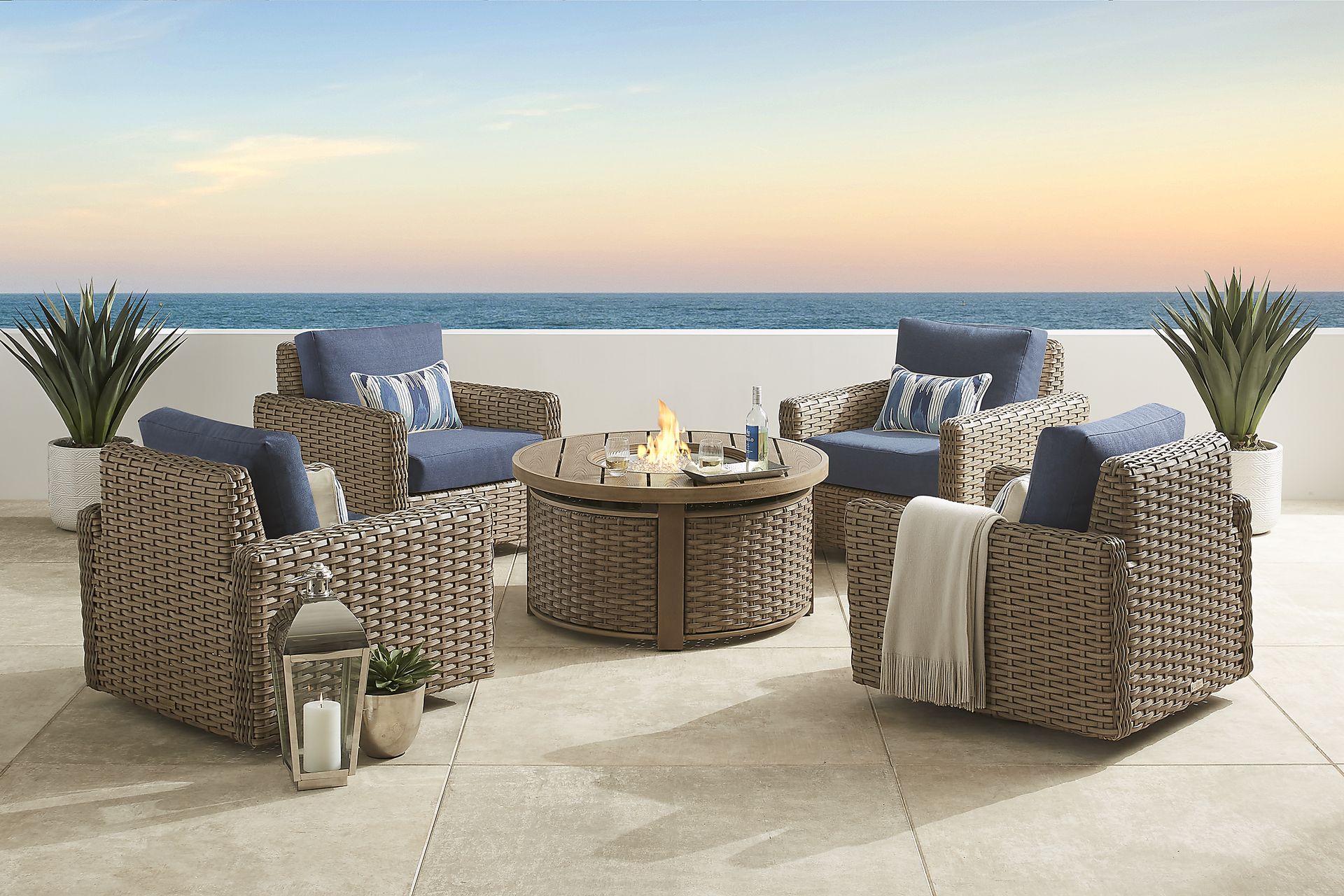 Siesta Key Driftwood 5 Pc Outdoor Fire Pit Seating Set with Indigo Cushions - Image 1