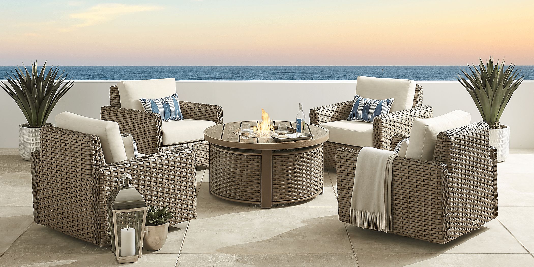 Siesta Key Driftwood 5 Pc Fire Pit Seating Set with Linen Cushions