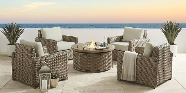 Siesta Key Driftwood 5 Pc Fire Pit Seating Set with Rollo Seafoam Cushions - Thumbnail - Image 1