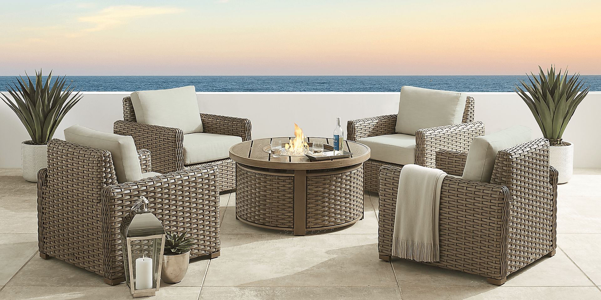 Siesta Key Driftwood 5 Pc Fire Pit Seating Set with Rollo Seafoam Cushions - Image 1