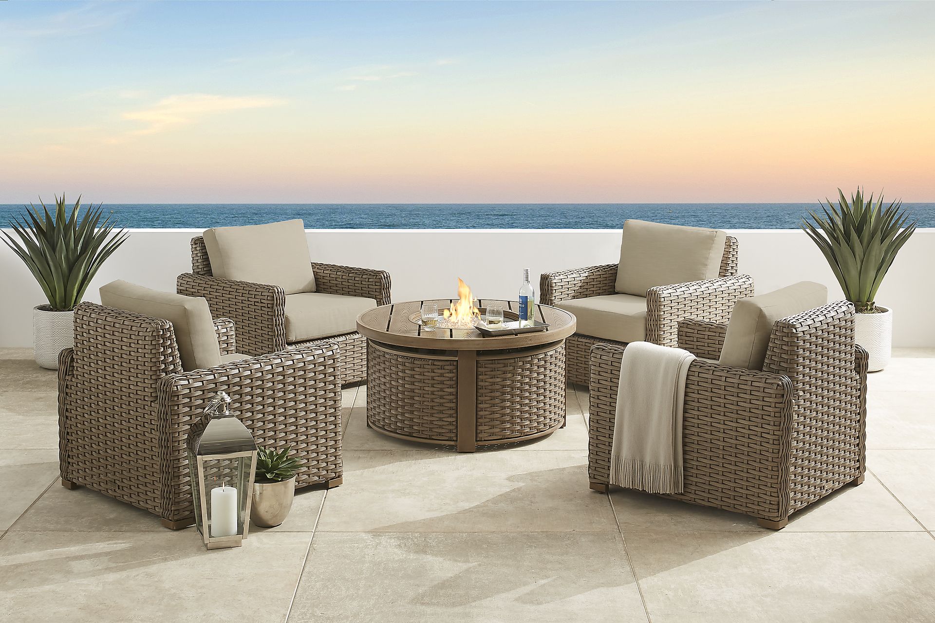 Siesta Key Driftwood 5 Pc Outdoor Fire Pit Seating Set with Sand Cushions - Image 1