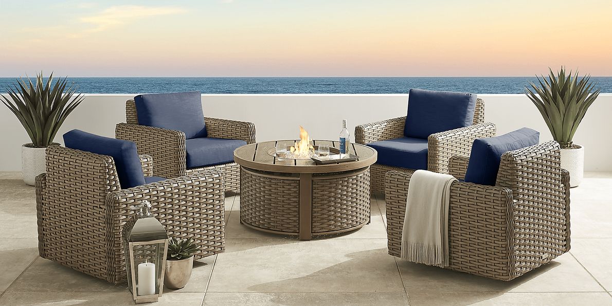 Siesta Key Driftwood 5 Pc Outdoor Fire Pit Seating Set with Ink Cushions