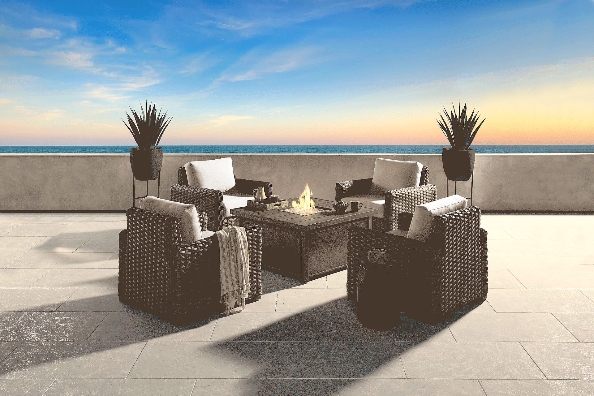 Siesta Key Driftwood 5 Pc Fire Pit Set with Linen Cushions - Image 1