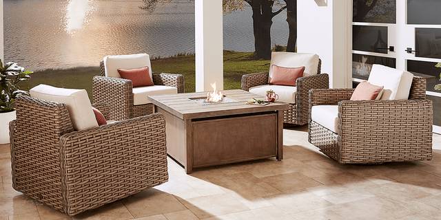 Siesta Key Driftwood 5 Pc Fire Pit Set with Linen Cushions - Thumbnail - Image 1