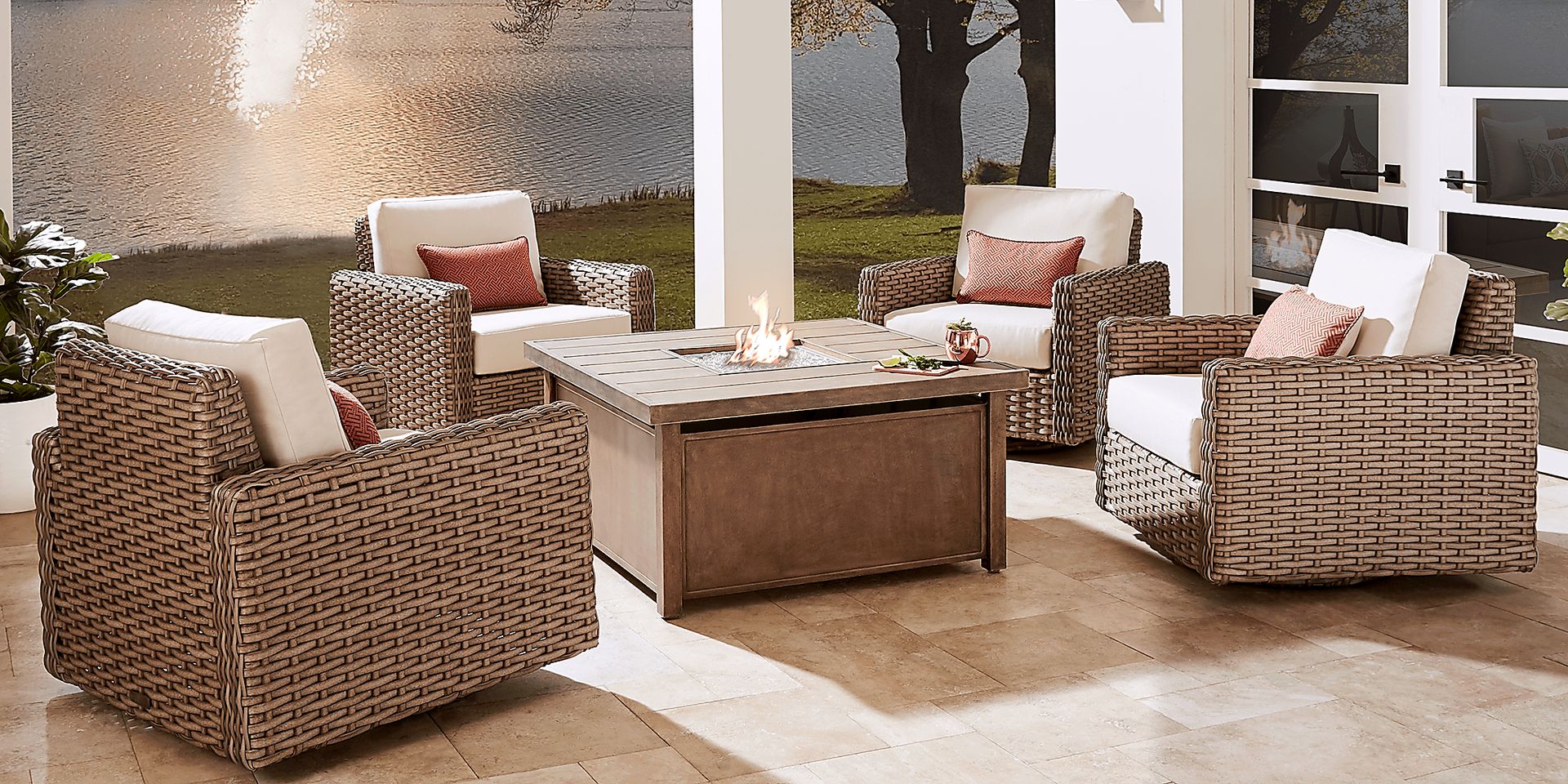 Siesta Key Driftwood 5 Pc Fire Pit Set with Linen Cushions - Image 1