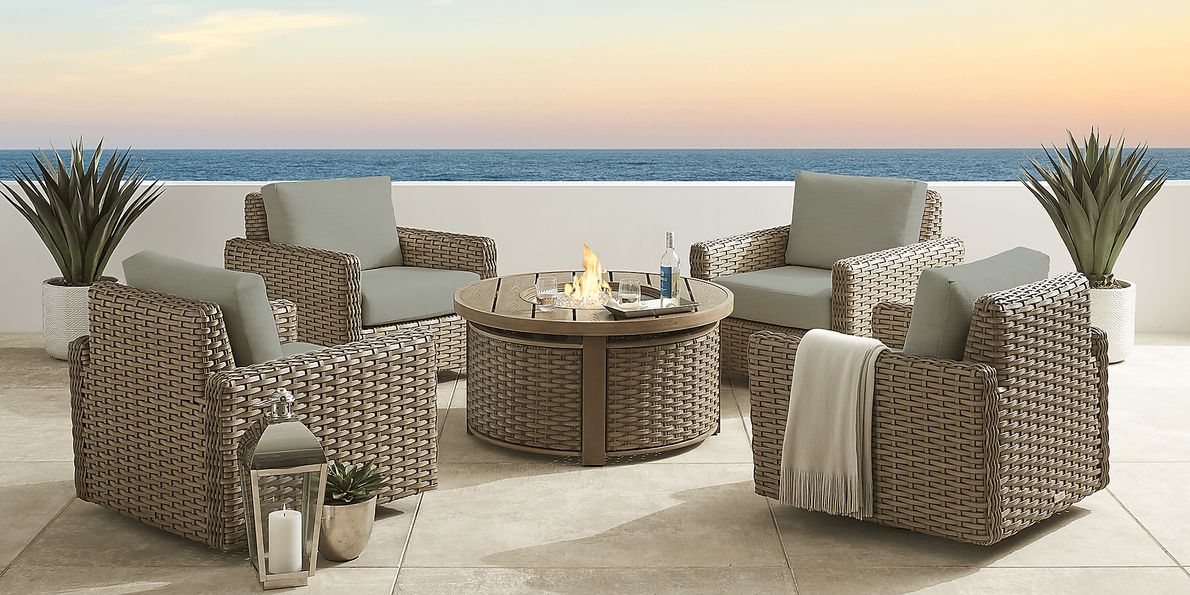 Siesta Key Driftwood 5 Pc Outdoor Fire Pit Seating Set with Seafoam Cushions