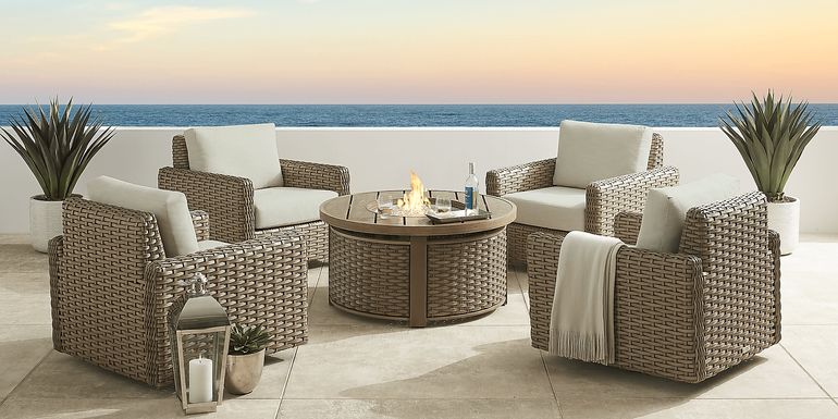 Siesta Key Driftwood 5 Pc Fire Pit Seating Set with Rollo Seafoam Cushions