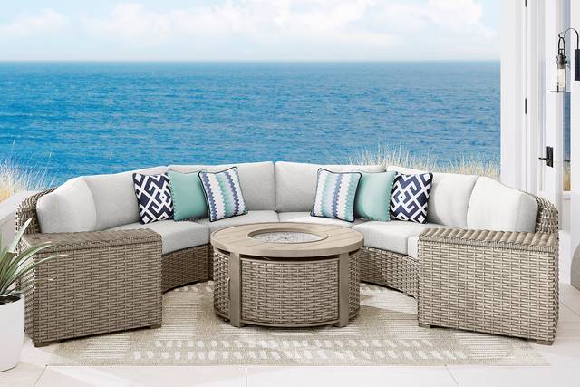 Siesta Key Driftwood 5 Pc Outdoor Curved Sectional with Dove Cushions - Thumbnail - Image 1