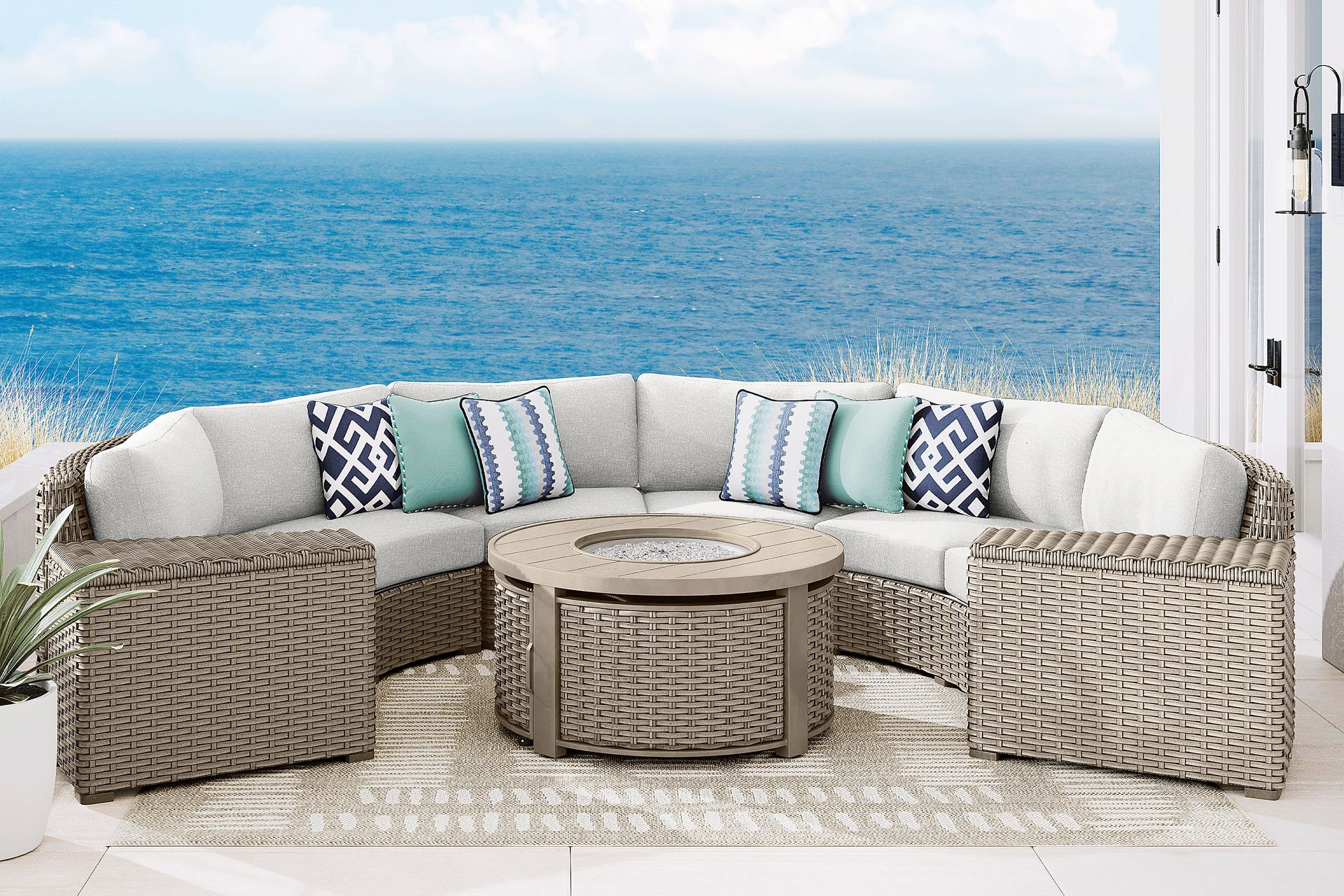 Siesta Key Driftwood 5 Pc Outdoor Curved Sectional with Dove Cushions - Image 1