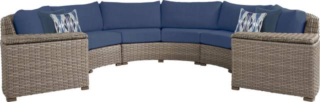 Siesta Key Driftwood 5 Pc Outdoor Curved Sectional with Indigo Cushions - Thumbnail - Image 1