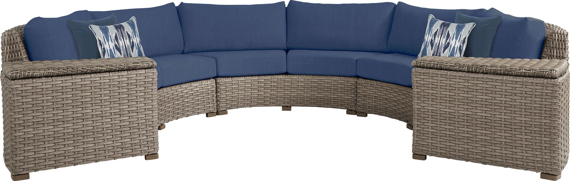 Siesta Key Driftwood 5 Pc Outdoor Curved Sectional with Indigo Cushions - Image 1