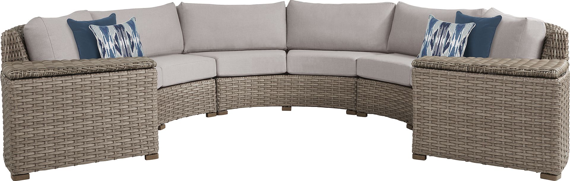 Siesta Key Driftwood 5 Pc Outdoor Curved Sectional with Rollo Linen Cushions - Image 1