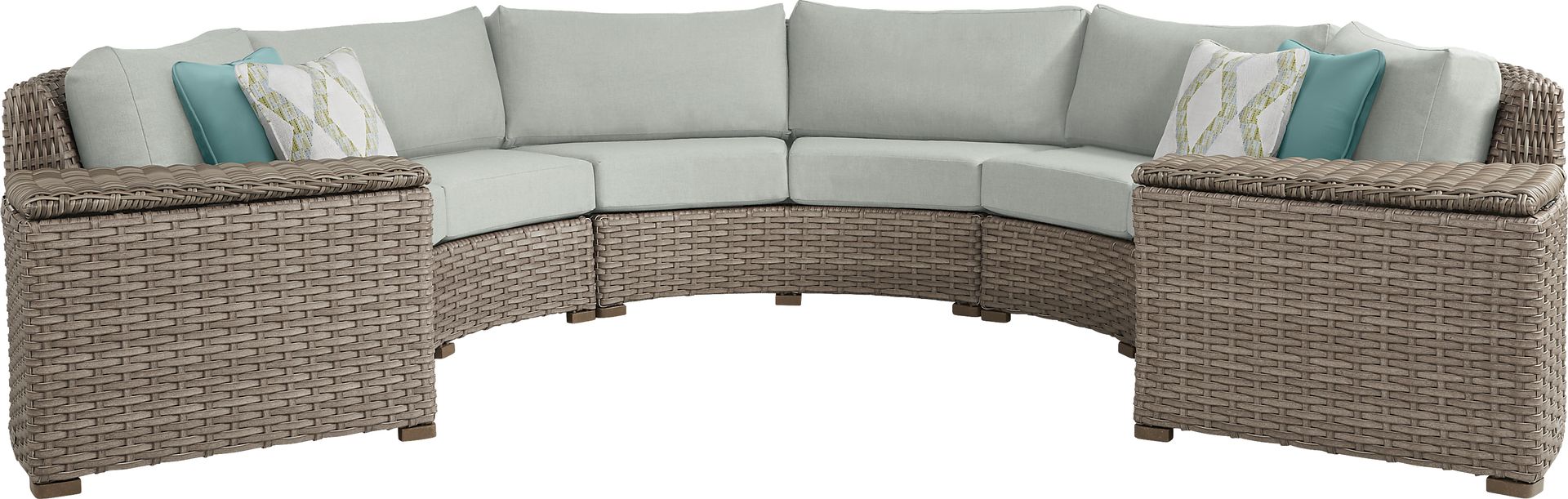 Siesta Key Driftwood 5 Pc Outdoor Curved Sectional with Rollo Seafoam Cushions - Image 1