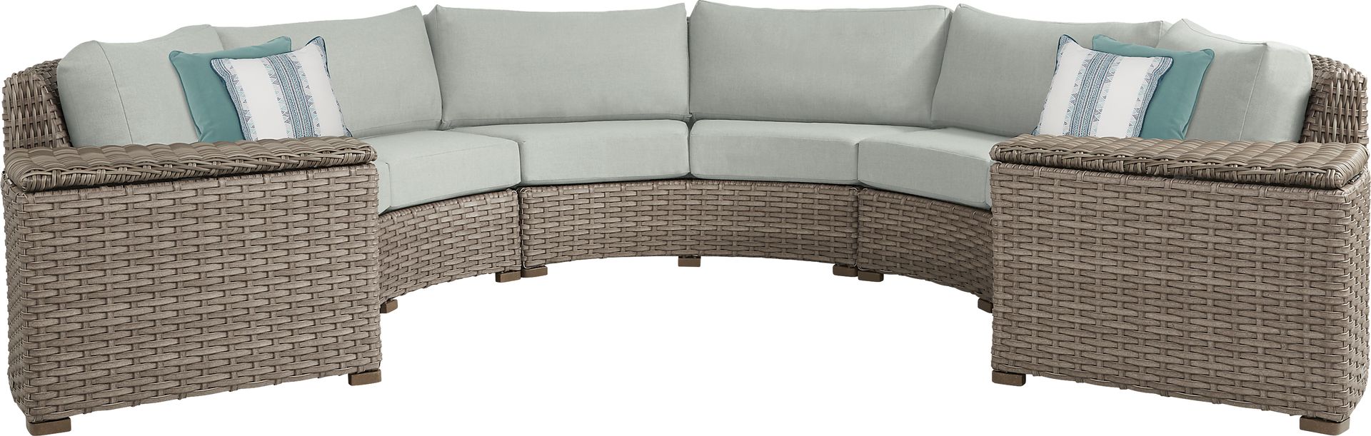 Siesta Key Driftwood 5 Pc Outdoor Curved Sectional with Rollo Seafoam Cushions - Image 1