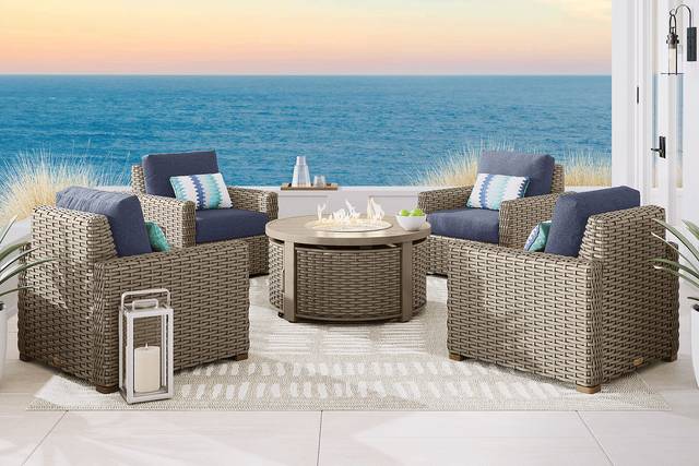 Siesta Key Driftwood 5 Pc Outdoor Fire Pit Chat Set with Ink Cushions - Thumbnail - Image 1