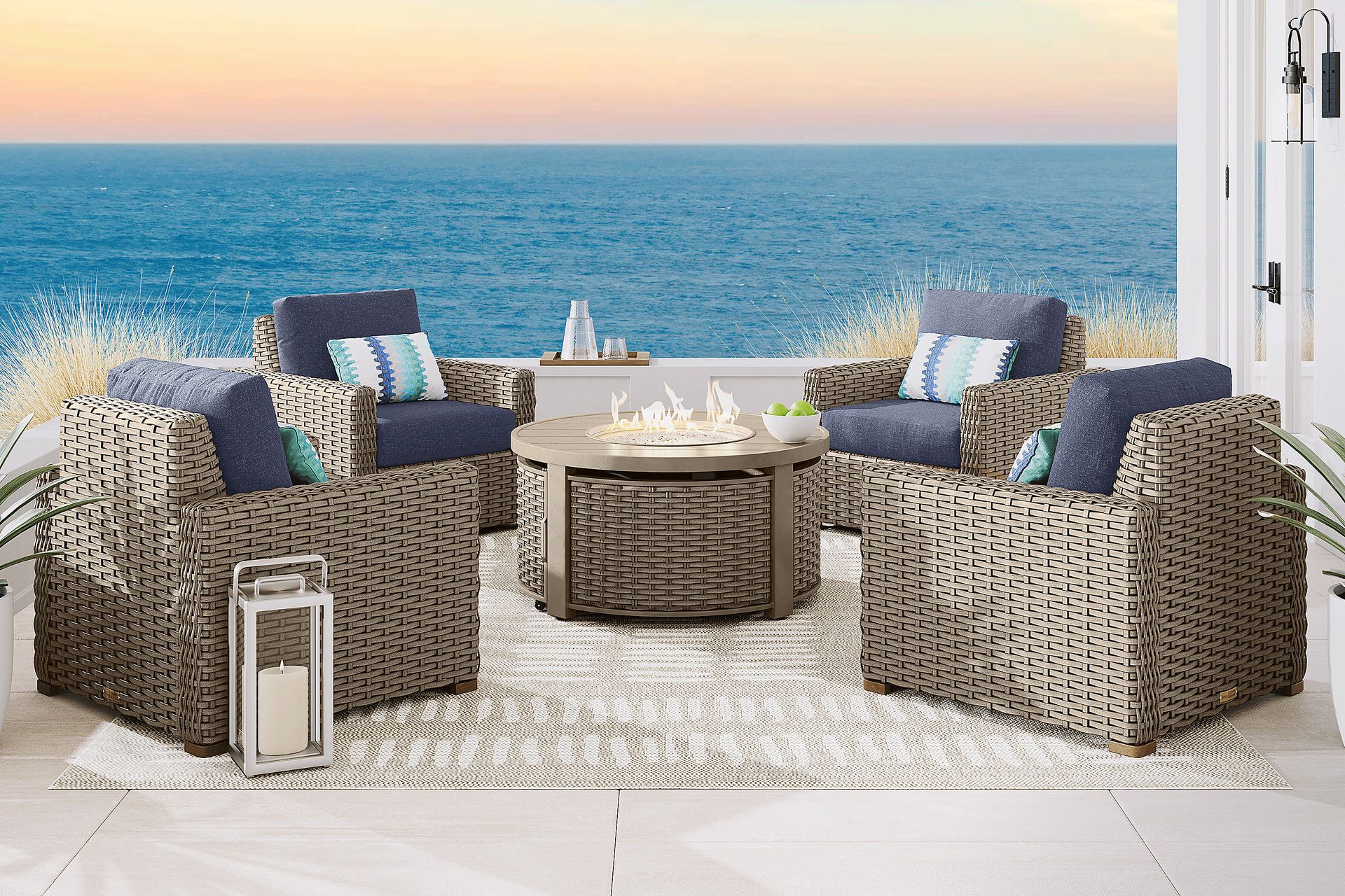 Siesta Key Driftwood 5 Pc Outdoor Fire Pit Chat Set with Ink Cushions - Image 1