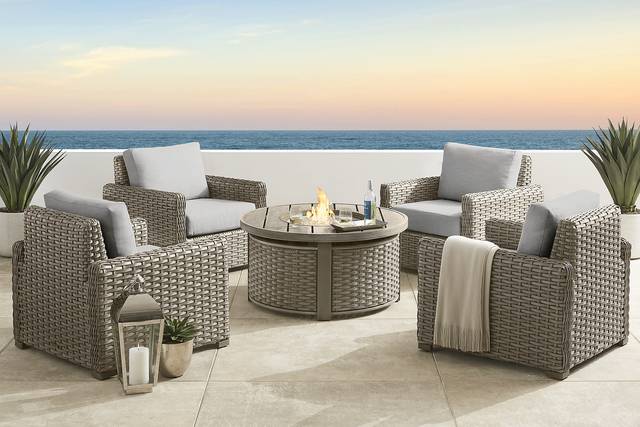 Siesta Key Driftwood 5 Pc Outdoor Fire Pit Seating Set with Dove Cushions - Thumbnail - Image 1