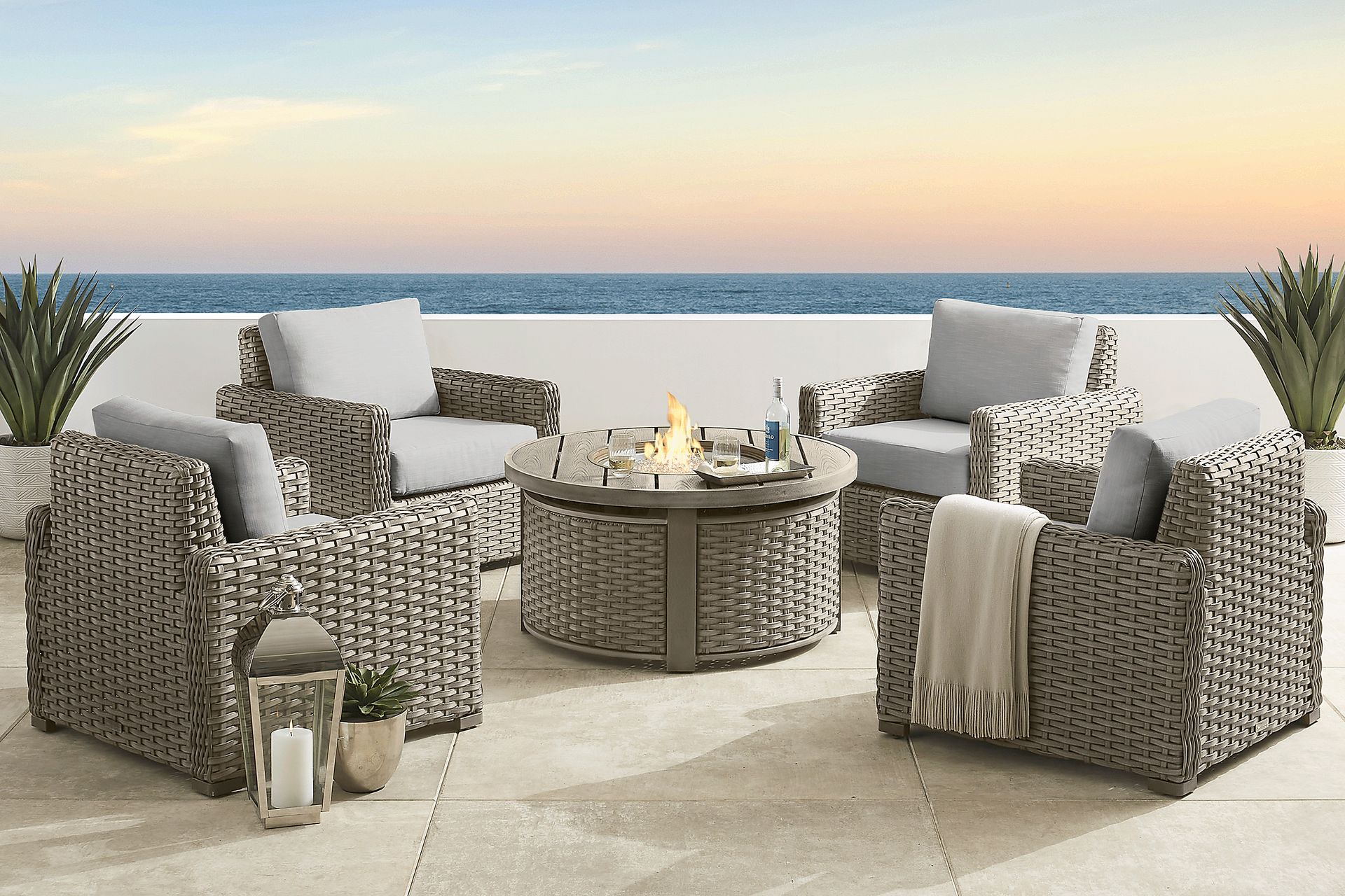 Siesta Key Driftwood 5 Pc Outdoor Fire Pit Seating Set with Dove Cushions - Image 1