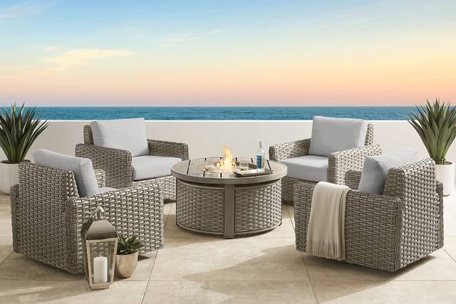 Siesta Key Driftwood 5 Pc Outdoor Fire Pit Seating Set with Dove Cushions - Thumbnail - Image 1