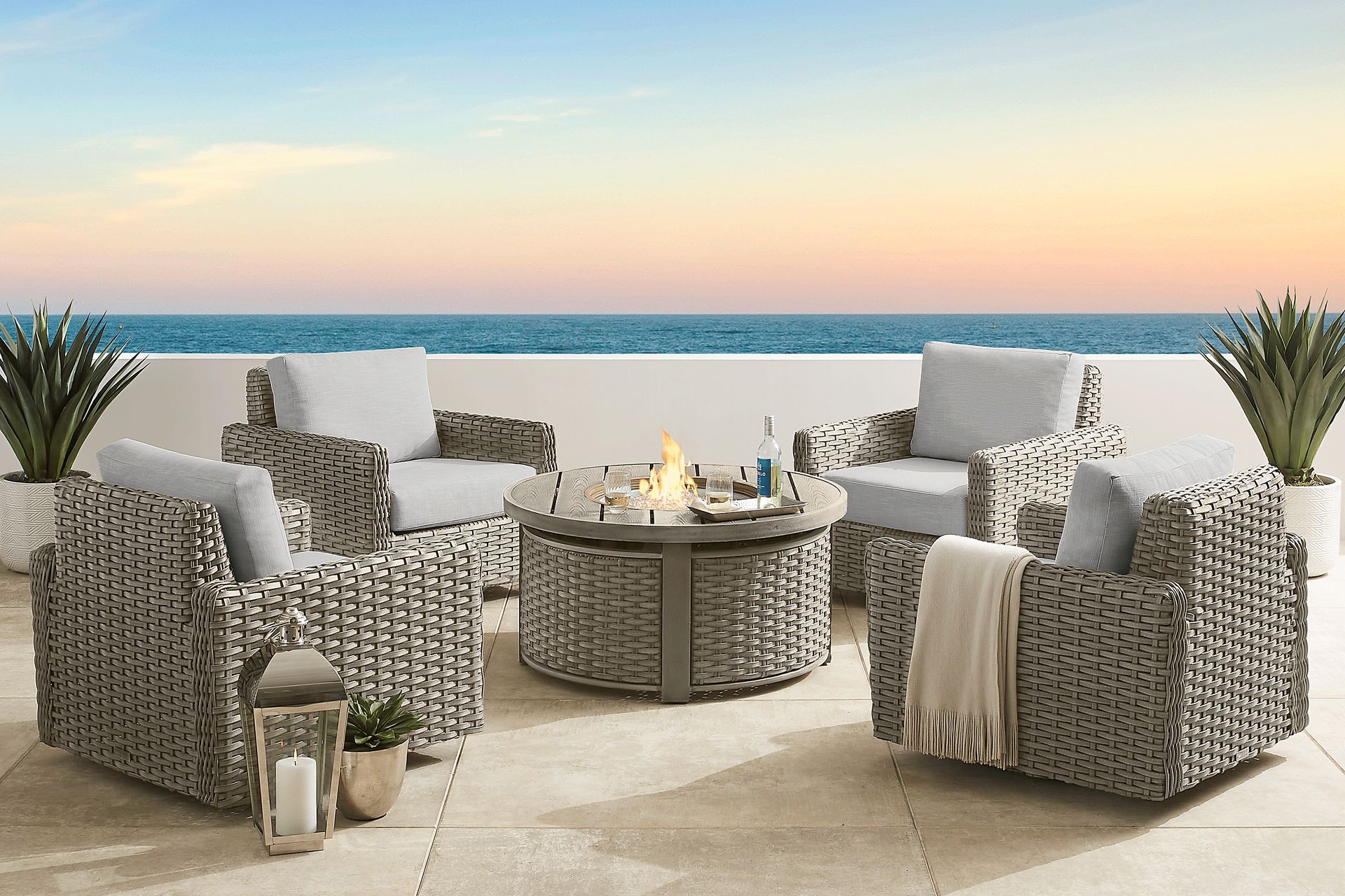 Siesta Key Driftwood 5 Pc Outdoor Fire Pit Seating Set with Dove Cushions - Image 1