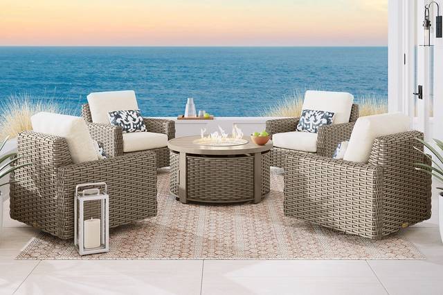 Siesta Key Driftwood 5 Pc Outdoor Fire Pit Swivel Chat Set with Desert Cushions - Thumbnail - Image 1